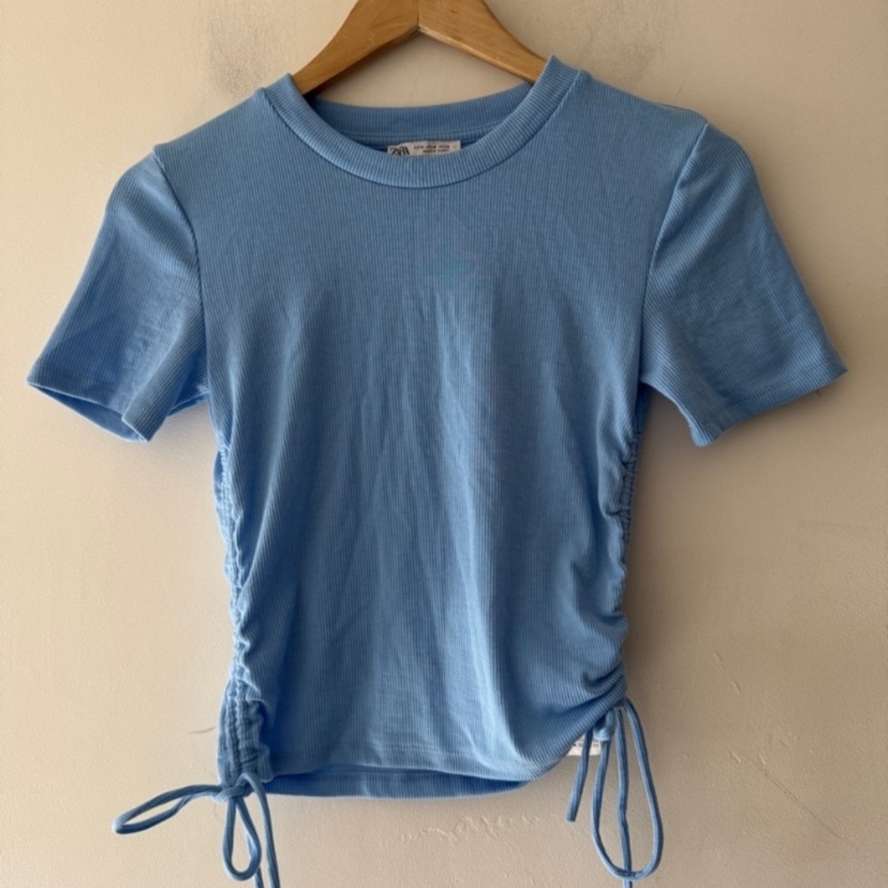 Zara Light Blue Short-Sleeve Side-Tie Ribbed Tee